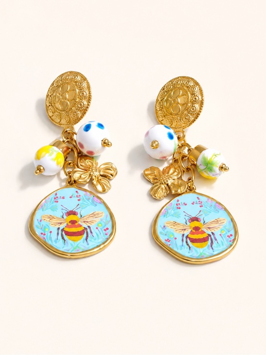 Jewelry - Whimsical Bee Blue Floral Charm Earrings